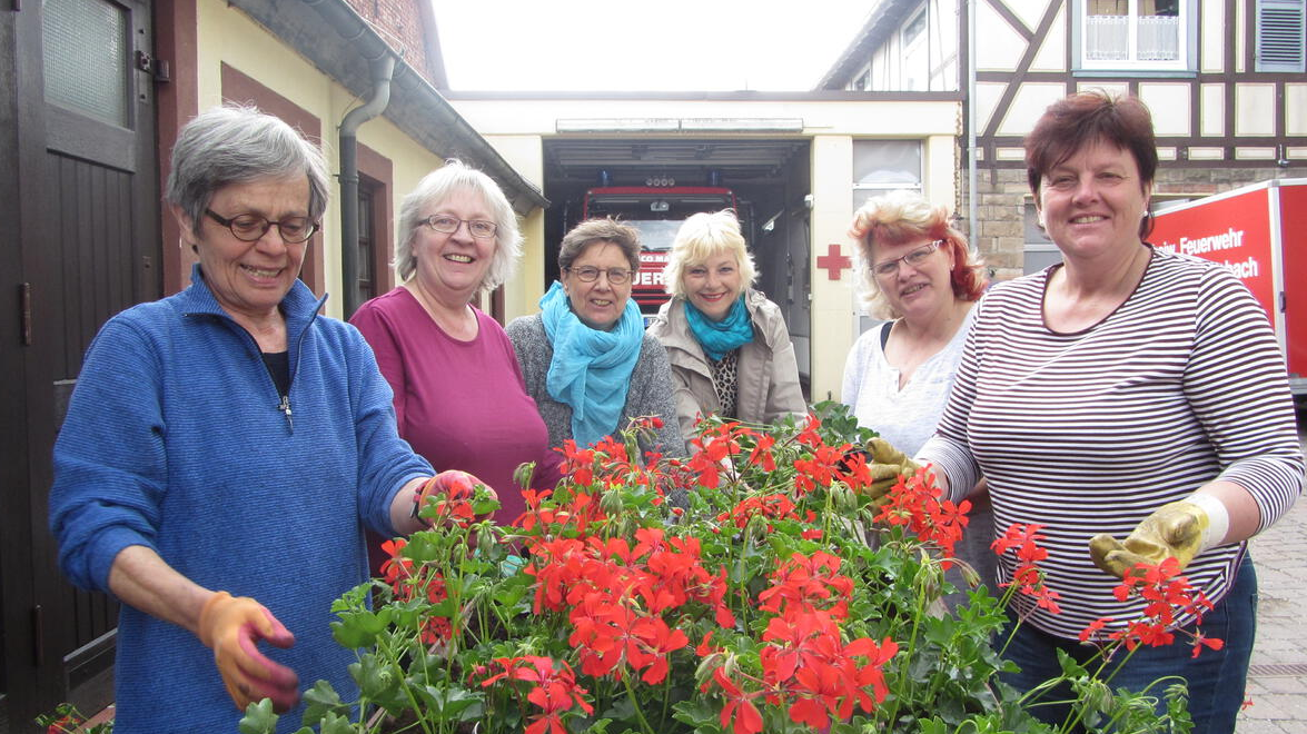 Engagierte Landfrauen bei der Bepflanzung der Blumenkästen